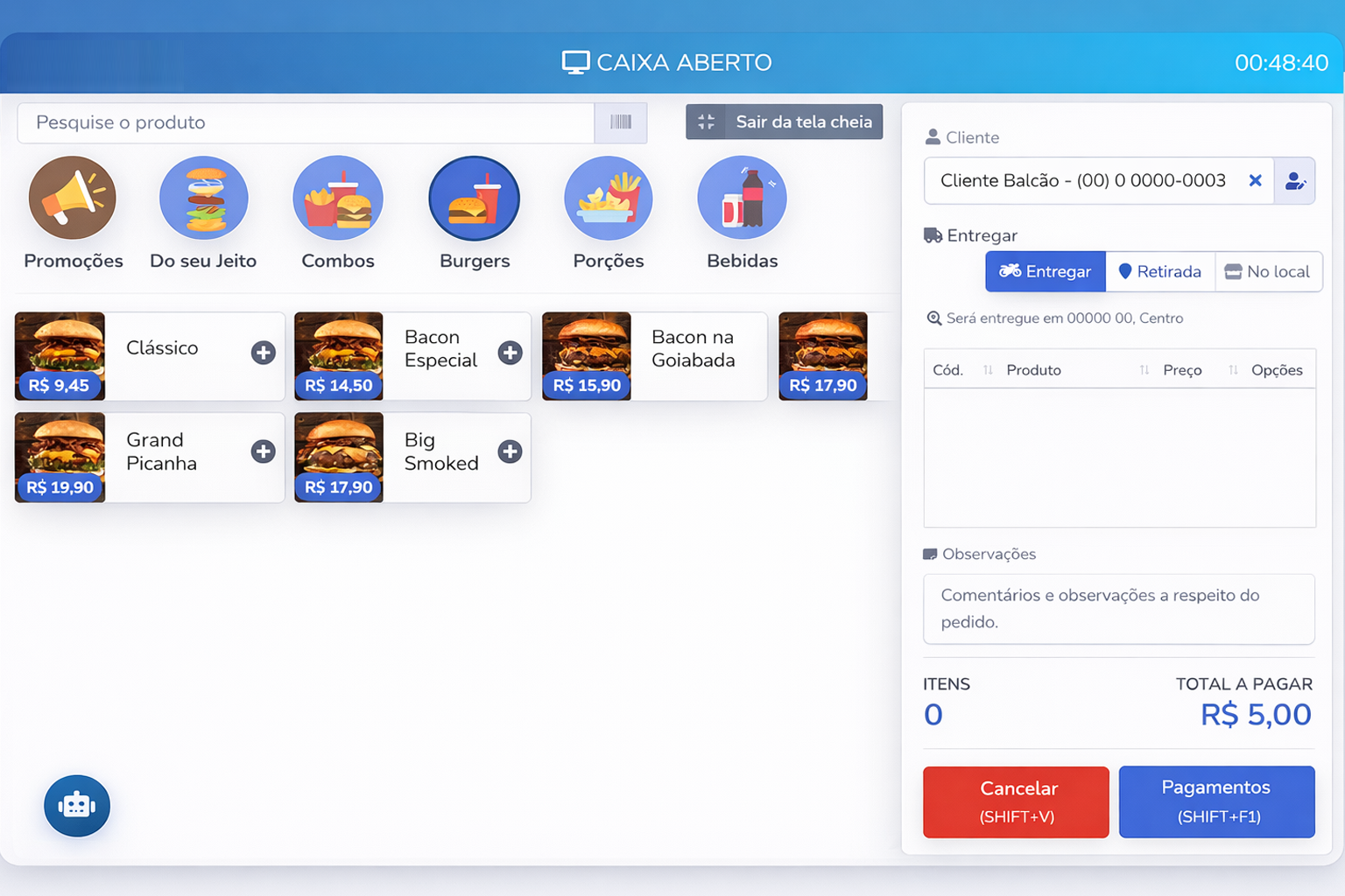 Tela de pedidos do sistema Vedas Food